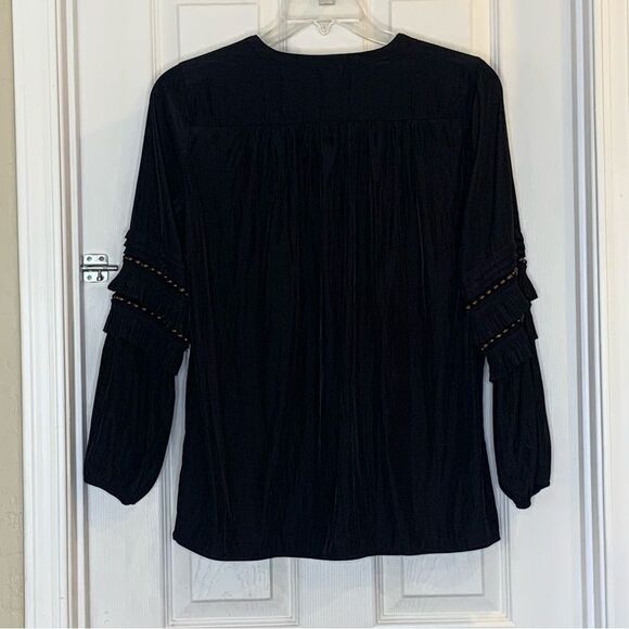 Chicos Black Beaded Ruffle Top 3/4 Sleeve Button Down Pullover Size 8 - Picture 5 of 12